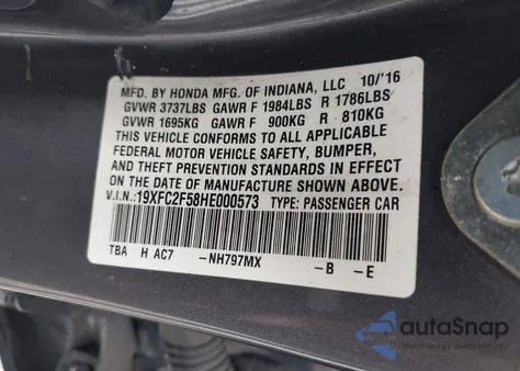 2017 Honda Civic Lx from USA, damaged, VIN 19XFC2F58HE000573